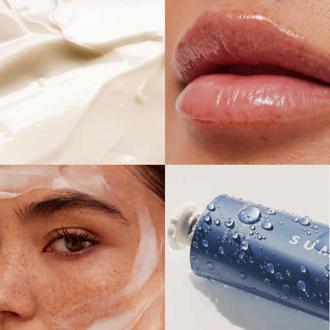 4 square blocks. 1 - Jet Lag Mask, 2 - Lips, 3 - Woman, 4 - Jet Lag Mask with water drops