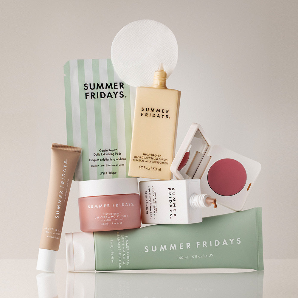 Multiple Summer Fridays skincare and hybrid-makeup products stacked over a white background