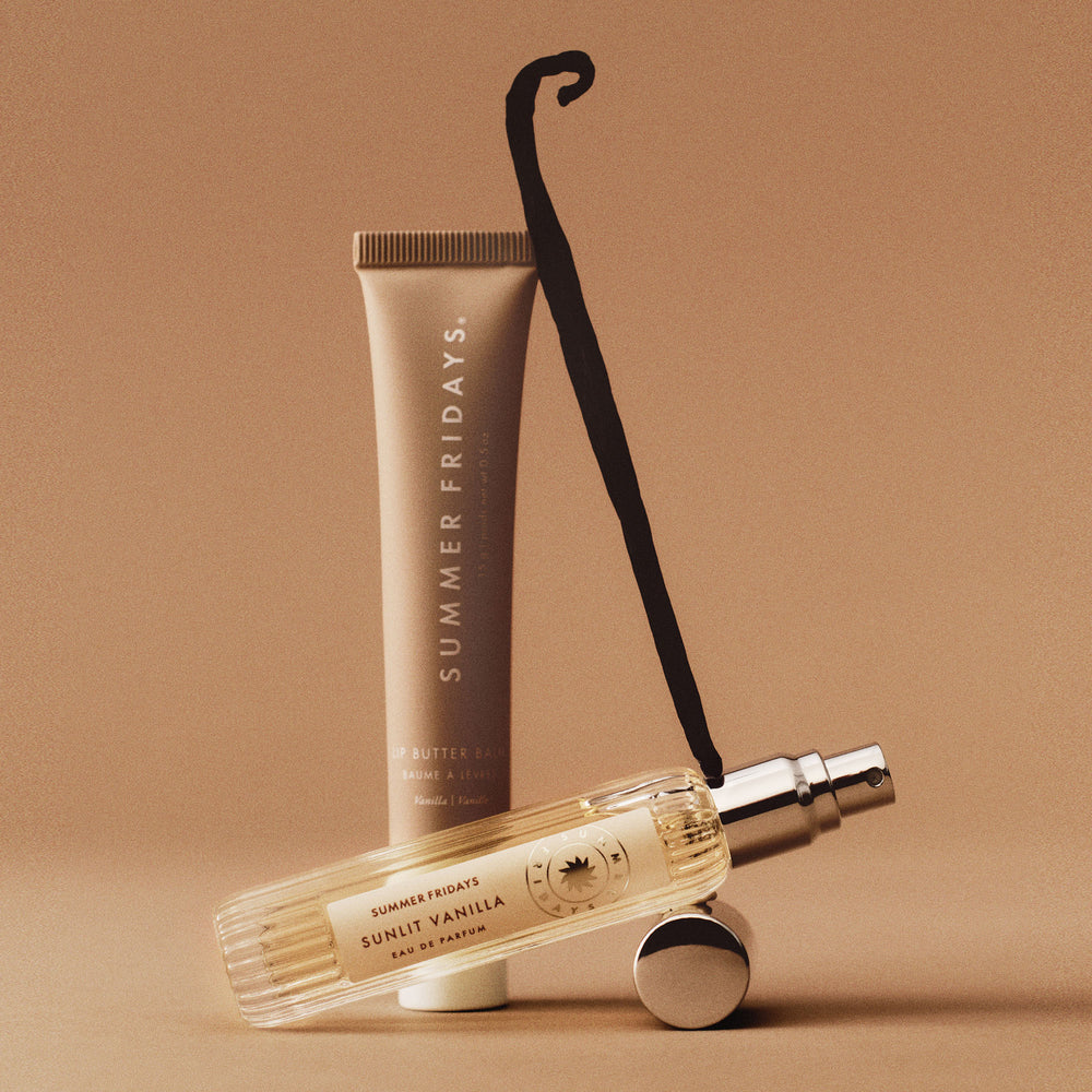 Summer Fridays Sunlit Vanilla perfume bottle and Lip Butter Balm Vanilla tube on a beige background