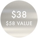 Circular label with price and value text on a metallic background