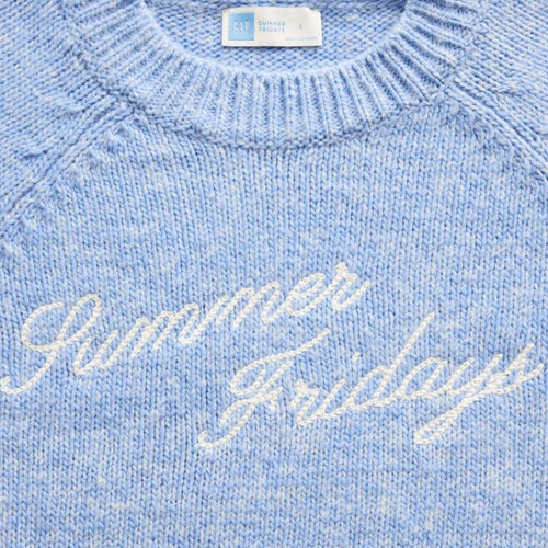 Light blue sweater with 'Summer Fridays' text and a brand label.