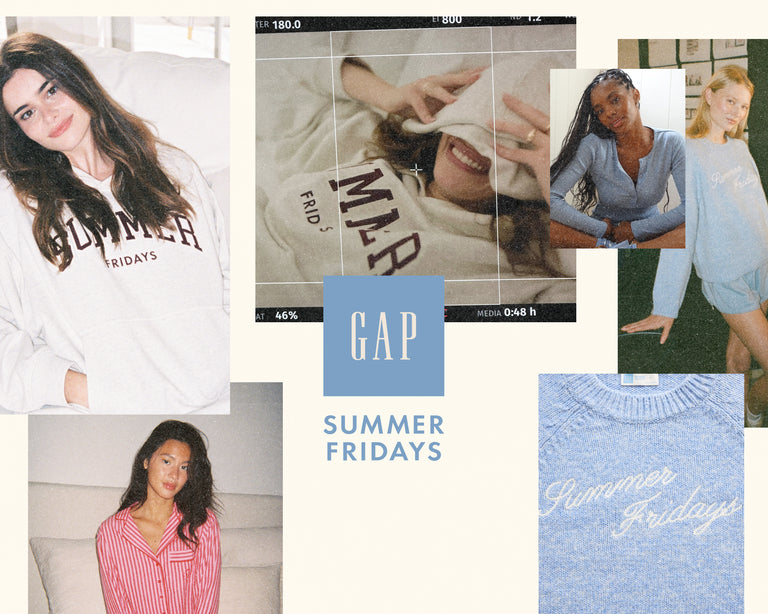 Collage of people wearing 'Summer Fridays' Gap clothing with a focus on a blue sweater.