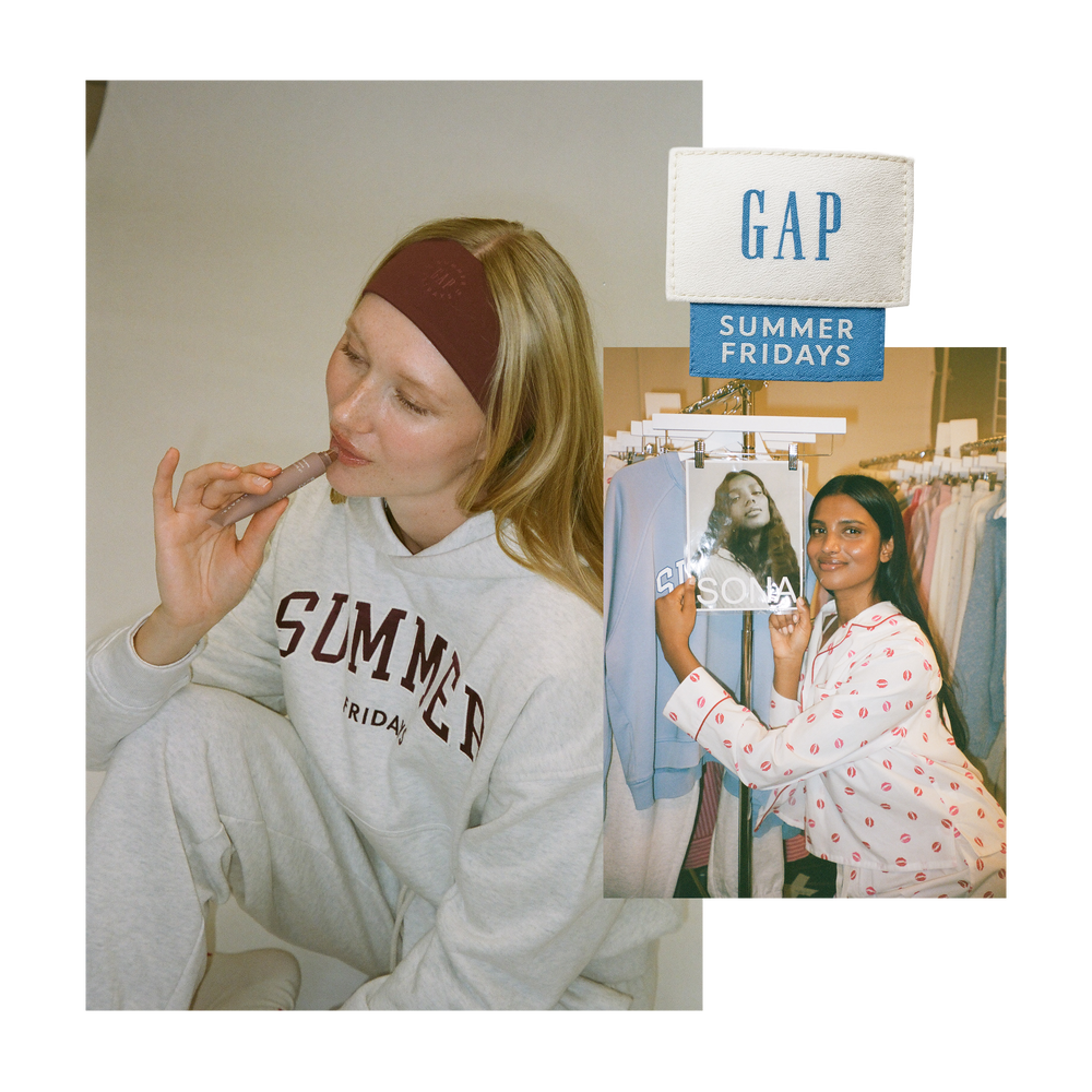 Woman applying lipstick with a 'Summer Fridays' hoodie, and another woman in a store with a 'Gap Summer Fridays' sign.