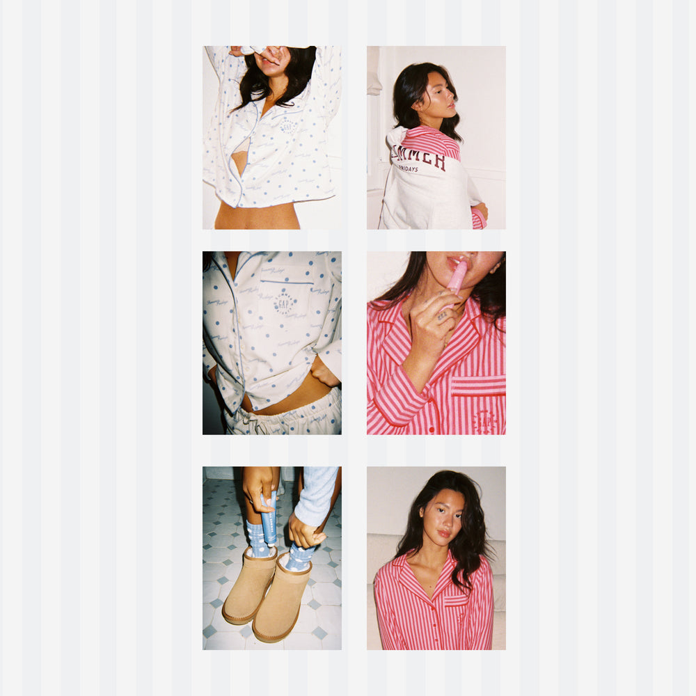 Collage of people wearing pajamas and casual clothing on a white background