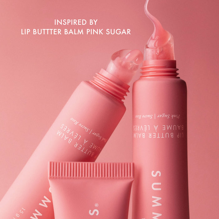 Pink lip balm and lip butter set with 'Inspired by Lip Butter Balm Pink Sugar' text on a pink background.