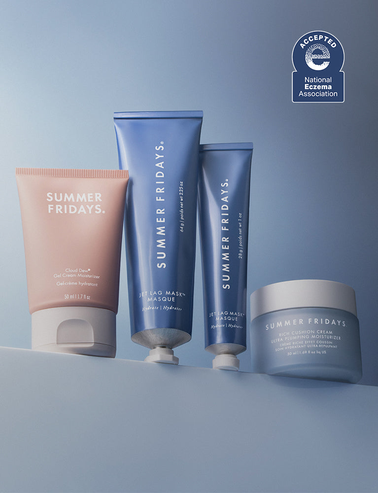 Collection of Summer Fridays skincare products on a light blue background